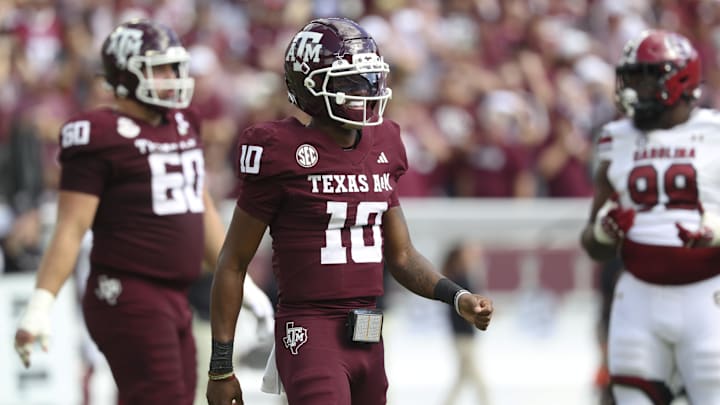 Texas A&M Aggies quarterback Marcel Reed reacts after a play during the second quarter against the South Carolina Gamecocks at Kyle Field. Texas A&M Aggies quarterback Marcel Reed reacts after a play during the second quarter against the South Carolina Gamecocks at Kyle Field.