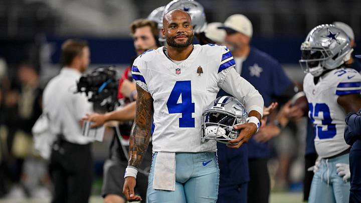 Dallas Cowboys quarterback Dak Prescott (4) looks on before the game between the Cowboys and the Saints at AT&T Stadium. Mandatory Credit: Jerome Miron-Imagn Images