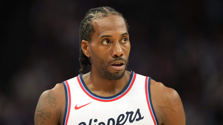 Apr 11, 2025; Sacramento, California, USA; Los Angeles Clippers forward Kawhi Leonard (2) during the fourth quarter against the Sacramento Kings at Golden 1 Center. Mandatory Credit: Darren Yamashita-Imagn Images