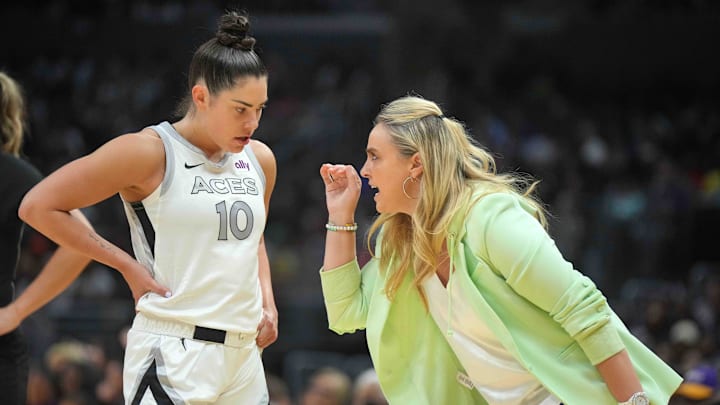 Jul 5, 2024; Los Angeles, California, USA; Las Vegas Aces coach Becky Hammon (right) talks with guard Kelsey Plum (10) in the second half against the LA Sparks at Crypto.com Arena. Mandatory Credit: Kirby Lee-Imagn Images Jul 5, 2024; Los Angeles, California, USA; Las Vegas Aces coach Becky Hammon (right) talks with guard Kelsey Plum (10) in the second half against the LA Sparks at Crypto.com Arena. Mandatory Credit: Kirby Lee-Imagn Images