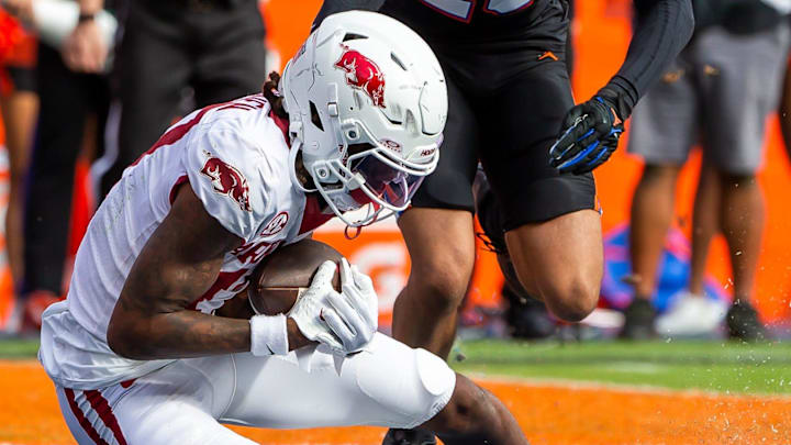 Arkansas Razorbacks wide receiver Tyrone Broden (17) hauls in the game-winning overtime touchdown at Steve Spurrier Field at Ben Hill Griffin Stadium in Gainesville, FL on Saturday, November 4, 2023 in the second half. Arkansas defeated Florida 39-36 in overtime. [Doug Engle/Gainesville Sun]