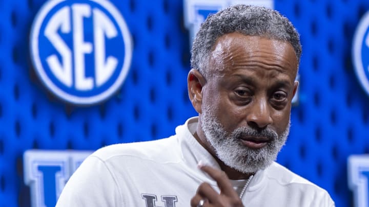 Oct 14, 2025; Birmingham, AL, USA; Kentucky Wildcats head coach Kenny Brooks talks with the media during SEC Media Days at Grand Bohemian Hotel. Mandatory Credit: Vasha Hunt-Imagn Images Oct 14, 2025; Birmingham, AL, USA; Kentucky Wildcats head coach Kenny Brooks talks with the media during SEC Media Days at Grand Bohemian Hotel. Mandatory Credit: Vasha Hunt-Imagn Images