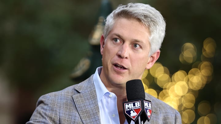 Dec 10, 2024; Dallas, TX, USA; Baltimore Orioles executive vice president and general manager Mike Elias talks on the set of MLB Network at the Hilton Anatole during the 2024 MLB Winter Meetings. 