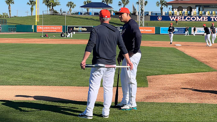 Detroit Tigers manager A.J. Hinch (left) and former Tigers player Miguel Cabrera (right) on March 12, 2025, at Joker Marchant Stadium in Lakeland, Florida.