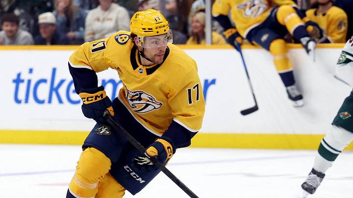 Apr 11, 2026; Nashville, Tennessee, USA; Nashville Predators center Tyson Jost (17) moves the puck past Minnesota Wild left wing Kirill Kaprizov (97) during the third period of their game at Bridgestone Arena. Mandatory Credit: Alan Poizner-Imagn Images Apr 11, 2026; Nashville, Tennessee, USA; Nashville Predators center Tyson Jost (17) moves the puck past Minnesota Wild left wing Kirill Kaprizov (97) during the third period of their game at Bridgestone Arena. Mandatory Credit: Alan Poizner-Imagn Images