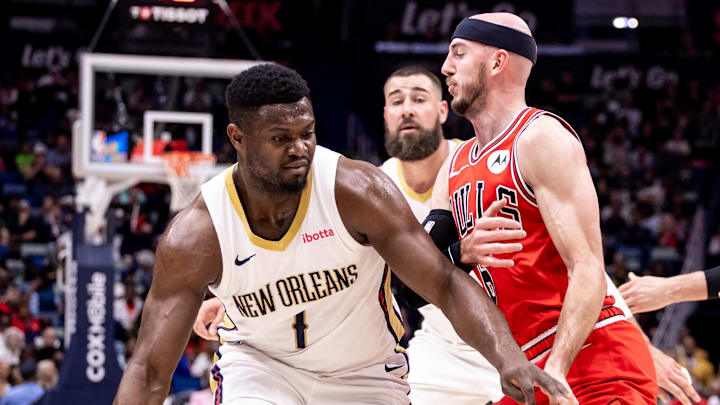 Feb 25, 2024; New Orleans, Louisiana, USA; New Orleans Pelicans forward Zion Williamson (1) dribbles