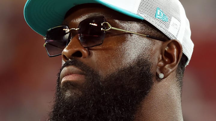 Aug 23, 2024; Tampa, Florida, USA; Miami Dolphins offensive tackle Terron Armstead (72) against the Tampa Bay Buccaneers during the second half at Raymond James Stadium.