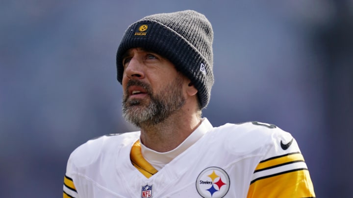 Dec 7, 2025; Baltimore, Maryland, USA; Pittsburgh Steelers quarterback Aaron Rodgers (8) looks on before the game against the Baltimore Ravens at M&T Bank Stadium. Mandatory Credit: Mitch Stringer-Imagn Images
