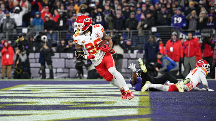 Jan 28, 2024; Baltimore, Maryland, USA; Kansas City Chiefs safety Deon Bush (26) intercepts a pass in the end zone intended for the Baltimore Ravens in the AFC Championship football game at M&T Bank Stadium. Mandatory Credit: Tommy Gilligan-Imagn Images