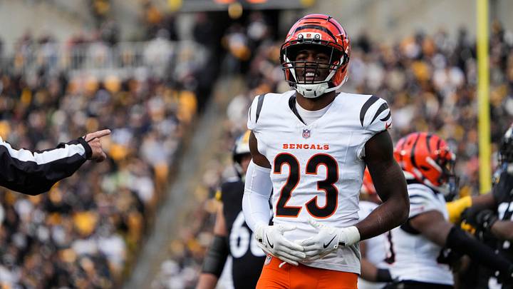 Bengals Dax Hill (23) celebrates a play during their game against the Steelers on Sunday November 16, 2025 at Acrisure Stadium. Bengals Dax Hill (23) celebrates a play during their game against the Steelers on Sunday November 16, 2025 at Acrisure Stadium.