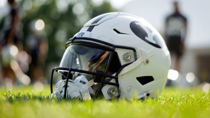 BYU football helmet at Fall Camp