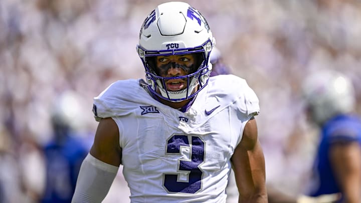 TCU Horned Frogs linebacker Kaleb Elarms-Orr celebrates after he sacks SMU Mustangs quarterback Kevin Jennings.