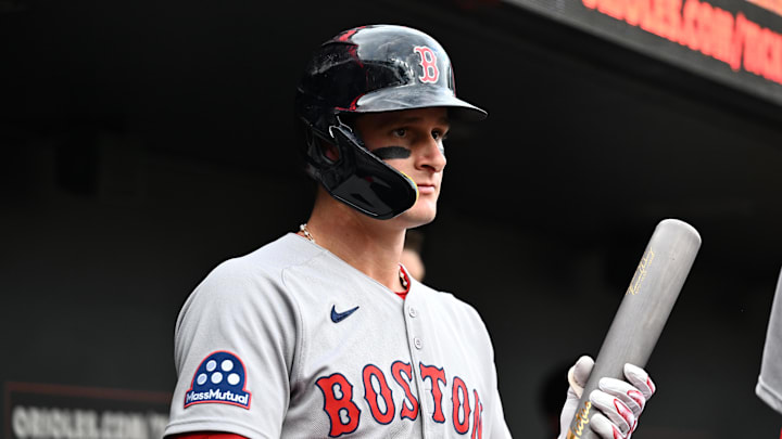 Aug 26, 2025; Baltimore, Maryland, USA; Boston Red Sox outfielder Roman Anthony (19) stands in the dugout before the game between the Baltimore Orioles and the Boston Red Sox at Oriole Park at Camden Yards. Mandatory Credit: James A. Pittman-Imagn Images