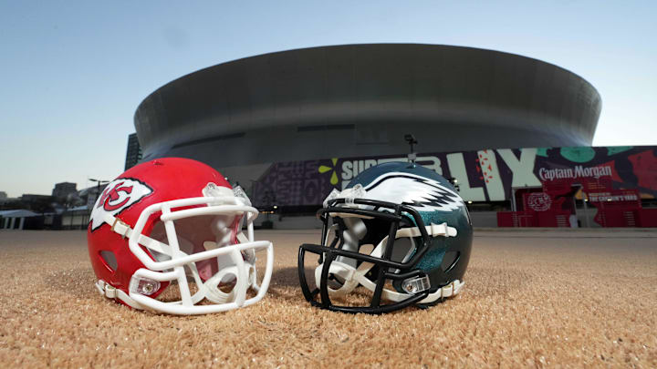 Feb 7, 2025; New Orleans, LA, USA; A general overall view of Kansas City Chiefs and Philadelphia Eagles helmets at the Caesars Superdome, the site of the Super Bowl LIX between the Kansas City Chiefs and the Philadelphia Eagles. Mandatory Credit: Kirby Lee-Imagn Images