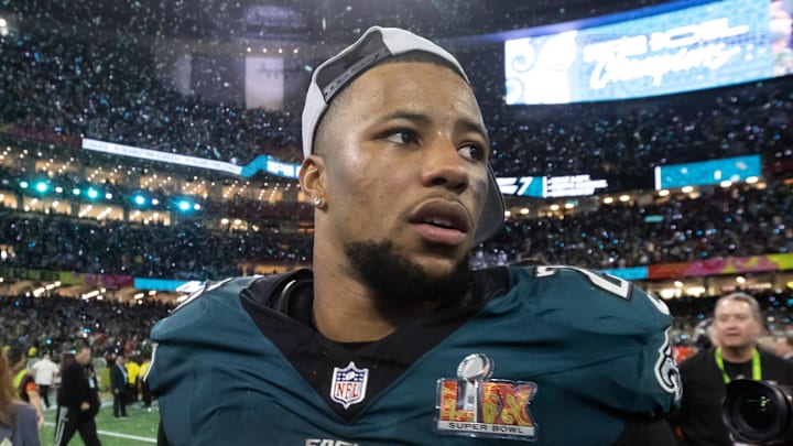 Feb 9, 2025; New Orleans, LA, USA; Philadelphia Eagles running back Saquon Barkley (26) after defeating the Kansas City Chiefs during Super Bowl LIX at Ceasars Superdome. Feb 9, 2025; New Orleans, LA, USA; Philadelphia Eagles running back Saquon Barkley (26) after defeating the Kansas City Chiefs during Super Bowl LIX at Ceasars Superdome.