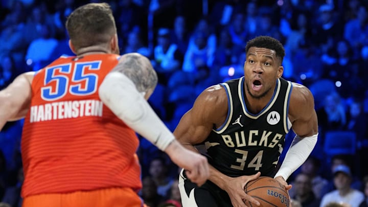 Dec 17, 2024; Las Vegas, Nevada, USA; Milwaukee Bucks forward Giannis Antetokounmpo (34) drives against Oklahoma City Thunder center Isaiah Hartenstein (55) during the 3rd quarter of the Emirates NBA Cup championship game at T-Mobile Arena. Mandatory Credit: Kyle Terada-Imagn Images