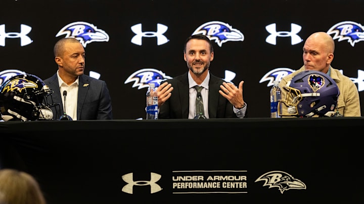 Jan 29, 2026; Owings Mills, MD, USA; Sashi Brown, Jesse Minter, and Eric DeCosta on the podium at the press conference introducing Jesse Minter at Under Armour Performance Center. Mandatory Credit: Lexi Thompson-Imagn Images Jan 29, 2026; Owings Mills, MD, USA; Sashi Brown, Jesse Minter, and Eric DeCosta on the podium at the press conference introducing Jesse Minter at Under Armour Performance Center. Mandatory Credit: Lexi Thompson-Imagn Images