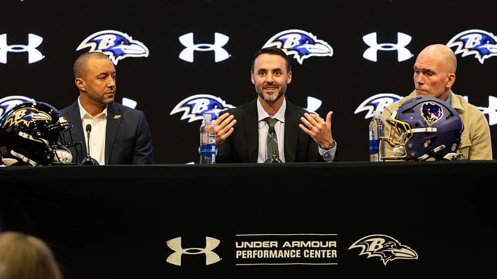 Jan 29, 2026; Owings Mills, MD, USA; Sashi Brown, Jesse Minter, and Eric DeCosta on the podium at the press conference introducing Jesse Minter at Under Armour Performance Center. Mandatory Credit: Lexi Thompson-Imagn Images