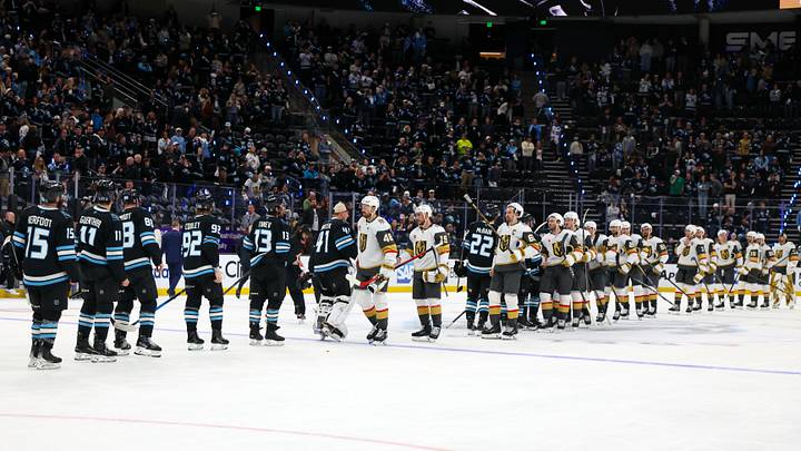 May 1, 2026; Salt Lake City, Utah, USA; The Vegas Golden Knights and Utah Mammoth shake hands after game six of the first round of the 2026 Stanley Cup Playoffs at Delta Center. Mandatory Credit: Rob Gray-Imagn Images