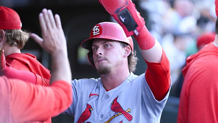 May 13, 2026; West Sacramento, California, USA; St. Louis Cardinals third baseman Nolan Gorman (16) celebrates with teammates after scoring against the Athletics during the fourth inning at Sutter Health Park. Mandatory Credit: Ed Szczepanski-Imagn Images May 13, 2026; West Sacramento, California, USA; St. Louis Cardinals third baseman Nolan Gorman (16) celebrates with teammates after scoring against the Athletics during the fourth inning at Sutter Health Park. Mandatory Credit: Ed Szczepanski-Imagn Images