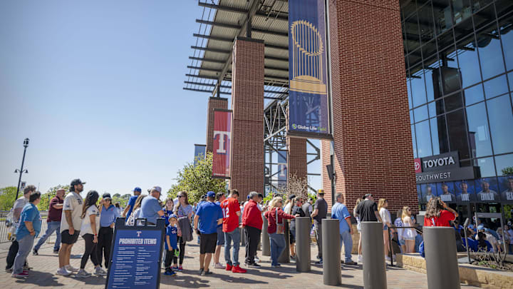 Mar 28, 2024; Arlington, Texas, USA; A view of the fans and the southwest gate entrance before the game between the Texas Rangers and the Chicago Cubs at Globe Life Field. Mandatory Credit: Jerome Miron-Imagn Images
