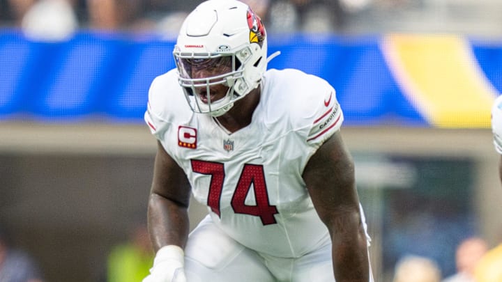 October 15, 2023; Inglewood, California, USA; Arizona Cardinals offensive tackle D.J. Humphries (74) during the first quarter against the Los Angeles Rams at SoFi Stadium. Mandatory Credit: Kyle Terada-Imagn Images