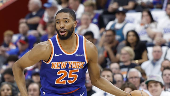 Apr 24, 2025; Detroit, Michigan, USA; New York Knicks forward Mikal Bridges (25) dribbles in the first half against the Detroit Pistons during game three of first round for the 2024 NBA Playoffs at Little Caesars Arena. Mandatory Credit: Rick Osentoski-Imagn Images