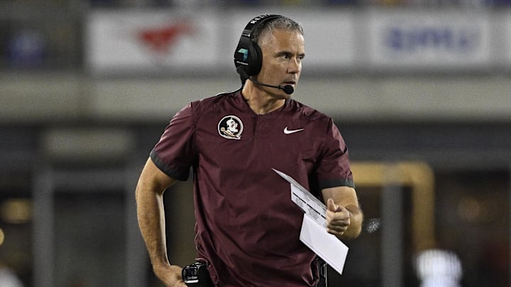Sep 28, 2024; Dallas, Texas, USA; Florida State Seminoles head coach Mike Norvell during the game between the Southern Methodist Mustangs and the Florida State Seminoles at Gerald J. Ford Stadium. Mandatory Credit: Jerome Miron-Imagn Images