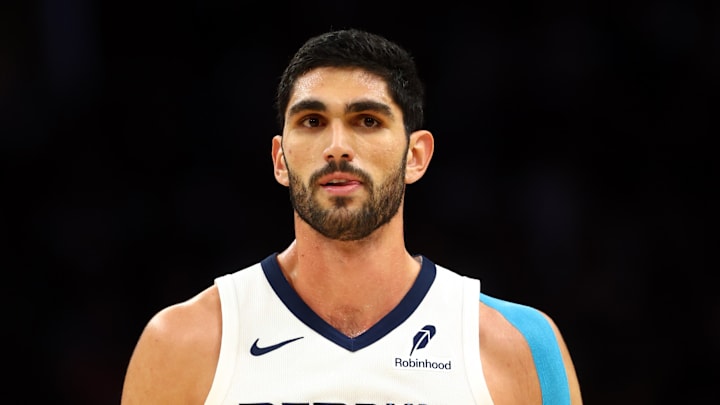Oct 29, 2025; Phoenix, Arizona, USA; Memphis Grizzlies forward Santi Aldama (7) against the Phoenix Suns at the Mortgage Matchup Center. Mandatory Credit: Mark J. Rebilas-Imagn Images