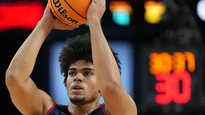 Apr 3, 2026; Indianapolis, IN, USA; Arizona Wildcats forward Koa Peat (10) is seen during a practice session ahead of the Final Four of the men's 2026 NCAA Tournament at Lucas Oil Stadium. Mandatory Credit: Bob Donnan-Imagn Images