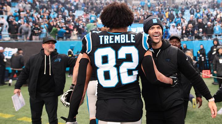 Carolina Panthers head coach Dave Canales and tight end Tommy Tremble. Carolina Panthers head coach Dave Canales and tight end Tommy Tremble.