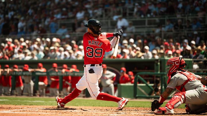 Marcelo Mayer takes a swing during a Red Sox Spring Training game on March 11, 2025, at JetBlue Park in Fort Myers, Florida.