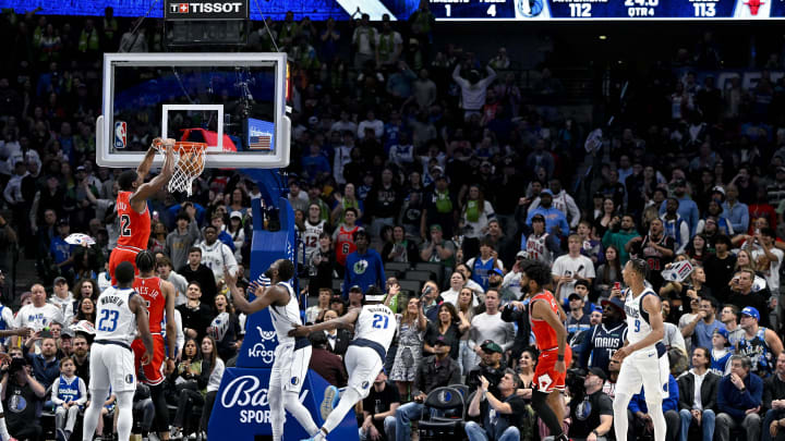 Apr 7, 2023; Dallas, Texas, USA; Chicago Bulls guard Carlik Jones (22) dunks the ball against the Chicago Bulls during the second half at the American Airlines Center. Apr 7, 2023; Dallas, Texas, USA; Chicago Bulls guard Carlik Jones (22) dunks the ball against the Chicago Bulls during the second half at the American Airlines Center.