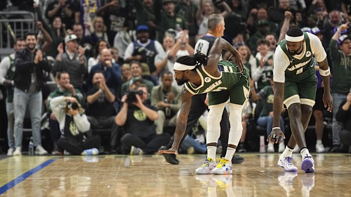 Apr 30, 2024; Milwaukee, Wisconsin, USA; Milwaukee Bucks guard Patrick Beverley (21) celebrates after scoring a basket during the second quarter against the Indiana Pacers during game five of the first round for the 2024 NBA playoffs at Fiserv Forum. Mandatory Credit: Jeff Hanisch-Imagn Images Apr 30, 2024; Milwaukee, Wisconsin, USA; Milwaukee Bucks guard Patrick Beverley (21) celebrates after scoring a basket during the second quarter against the Indiana Pacers during game five of the first round for the 2024 NBA playoffs at Fiserv Forum. Mandatory Credit: Jeff Hanisch-Imagn Images