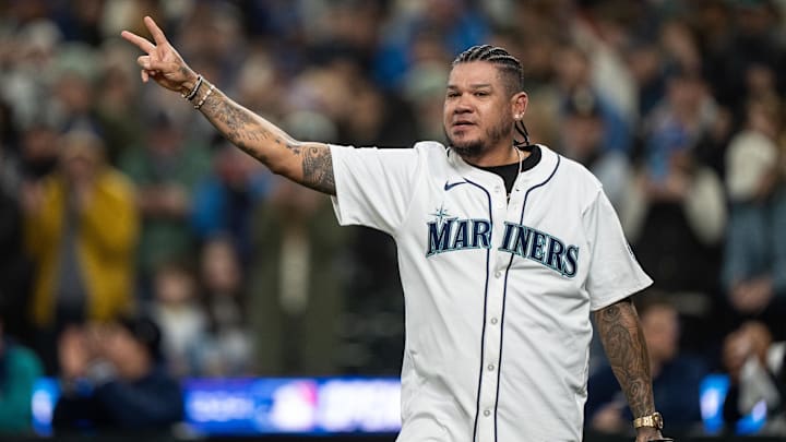 Mar 28, 2024; Seattle, Washington, USA; Seattle Mariners former player Felix Hernandez greets fans before a game between the Boston Red Sox and the Seattle Mariners at T-Mobile Park. Mandatory Credit: Stephen Brashear-Imagn Images