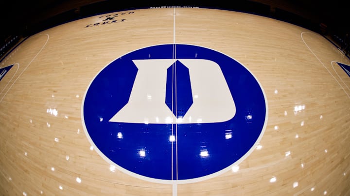 Oct 4, 2024; Durham, NC, USA; Duke Blue Devils center court logo before the Countdown to Craziness at Cameron Indoor Stadium. Mandatory Credit: Jaylynn Nash-Imagn Images
