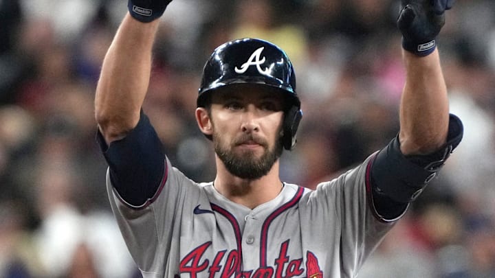Apr 27, 2025; Phoenix, Arizona, USA; Atlanta Braves outfielder Eli White (36) reacts after hitting a double against the Arizona Diamondbacks in the fifth inning at Chase Field. Mandatory Credit: Rick Scuteri-Imagn Images