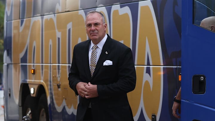 Sep 6, 2025; Pittsburgh, Pennsylvania, USA;  Pittsburgh Panthers head coach Pat Narduzzi arrives at the stadium before the game against the Central Michigan Chippewas at Acrisure Stadium. Mandatory Credit: Charles LeClaire-Imagn Images