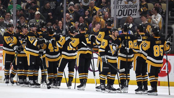 Mar 1, 2026; Pittsburgh, Pennsylvania, USA; The Pittsburgh Penguins celebrate after defeating the Vegas Golden Knights at PPG Paints Arena. Mandatory Credit: Charles LeClaire-Imagn Images Mar 1, 2026; Pittsburgh, Pennsylvania, USA; The Pittsburgh Penguins celebrate after defeating the Vegas Golden Knights at PPG Paints Arena. Mandatory Credit: Charles LeClaire-Imagn Images