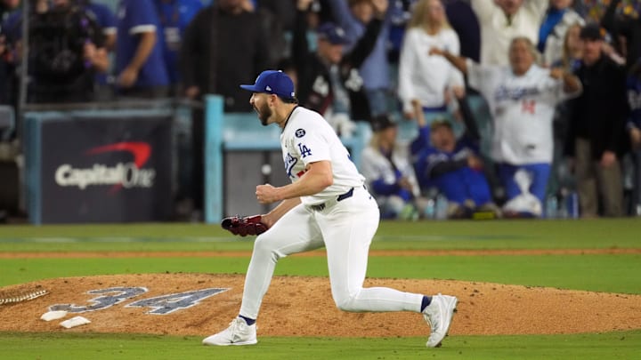 Los Angeles Dodgers pitcher Alex Vesia reacts in the ninth inning against the New York Yankees during game two of the 2024 MLB World Series at Dodger Stadium. 