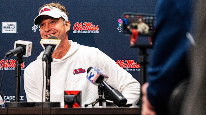 Ole Miss head coach Lane Kiffin answers questions from the press after a college football game between Mississippi State and Ole Miss at Davis Wade Stadium in Starkville, Miss., on Friday, Nov. 28, 2025. Ole Miss defeated Mississippi State 38-19 in the Egg Bowl.