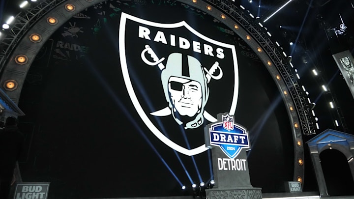 Apr 25, 2024; Detroit, MI, USA; A Las Vegas Raiders logo at the 2024 NFL Draft at Campus Martius Park and Hart Plaza. Mandatory Credit: Kirby Lee-Imagn Images