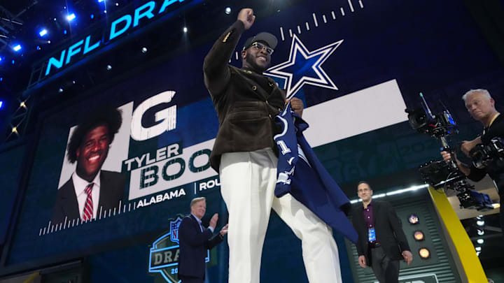 Tyler Booker is selected by the Dallas Cowboys as the number twelve pick in the first round of the 2025 NFL Draft at Lambeau Field.