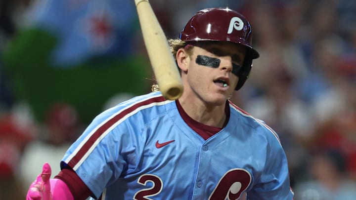 Sep 25, 2025; Philadelphia, Pennsylvania, USA; Philadelphia Phillies outfielder Harrison Bader (2) flips his bat after popping out during the third inning against the Miami Marlins at Citizens Bank Park. Mandatory Credit: Bill Streicher-Imagn Images Sep 25, 2025; Philadelphia, Pennsylvania, USA; Philadelphia Phillies outfielder Harrison Bader (2) flips his bat after popping out during the third inning against the Miami Marlins at Citizens Bank Park. Mandatory Credit: Bill Streicher-Imagn Images