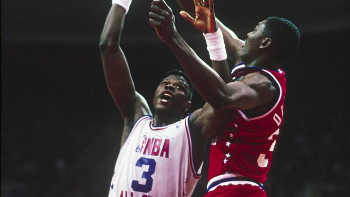 Feb 11, 1990; Miami, FL, USA; FILE PHOTO; New York Knicks center Patrick Ewing battles Houston Rockets center Hakeem Olajuwon during the 1900 NBA All-Star Game at the Miami Arena in Miami, Florida. Mandatory Credit: Photo By Imagn Images (c) Copyright Imagn Images Feb 11, 1990; Miami, FL, USA; FILE PHOTO; New York Knicks center Patrick Ewing battles Houston Rockets center Hakeem Olajuwon during the 1900 NBA All-Star Game at the Miami Arena in Miami, Florida. Mandatory Credit: Photo By Imagn Images (c) Copyright Imagn Images
