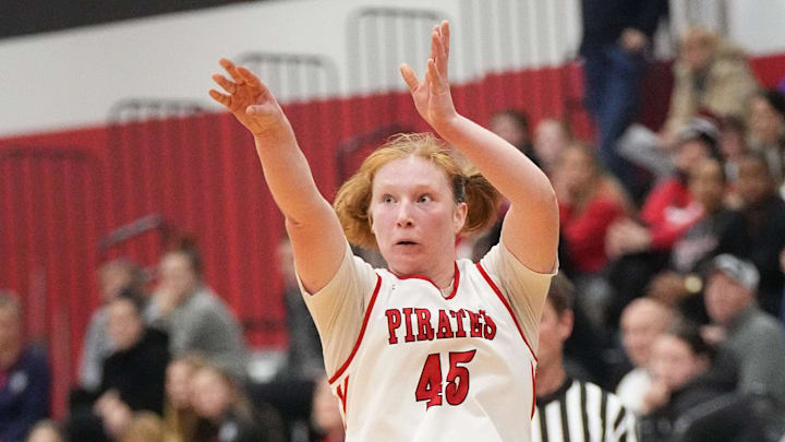 Pewaukee's Anna Terrian (45) tries for three during the game at home against Pius XI, Thursday, Jan. 16, 2025. The Pirates are 16-2 and have taken the No. 1 spot in the Top 15. 