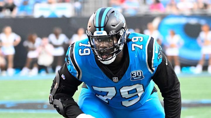 Oct 13, 2024; Charlotte, North Carolina, USA; Carolina Panthers offensive tackle Ikem Ekwonu (79) at the line of scrimmage in the second quarter at Bank of America Stadium. Mandatory Credit: Bob Donnan-Imagn Images