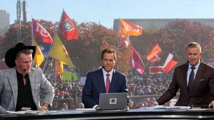 ESPN College GameDay analysts Pat McAfee, Nick Saban and Kirk Herbstreit at Texas Tech University in Lubbock, Texas.