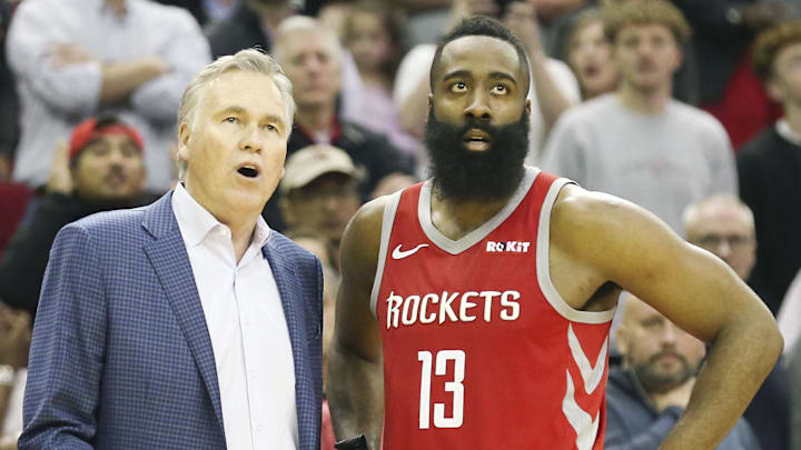 Mar 15, 2019; Houston, TX, USA; Houston Rockets head coach Mike D'Antoni talks with Houston Rockets guard James Harden (13) while playing against the Phoenix Suns in the second half at Toyota Center. Mandatory Credit: Thomas B. Shea-Imagn Images