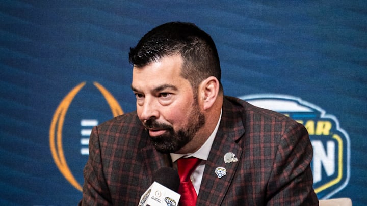 Ohio State Buckeyes Head Coach Ryan Day speaks during the Coaches' Press Conference at AT&T Stadium, Jan. 9, 2024. Both coaches answered questions from the media during the conference, and will face each other in the Cotton Bowl College Football Playoff semi-final game on Friday.